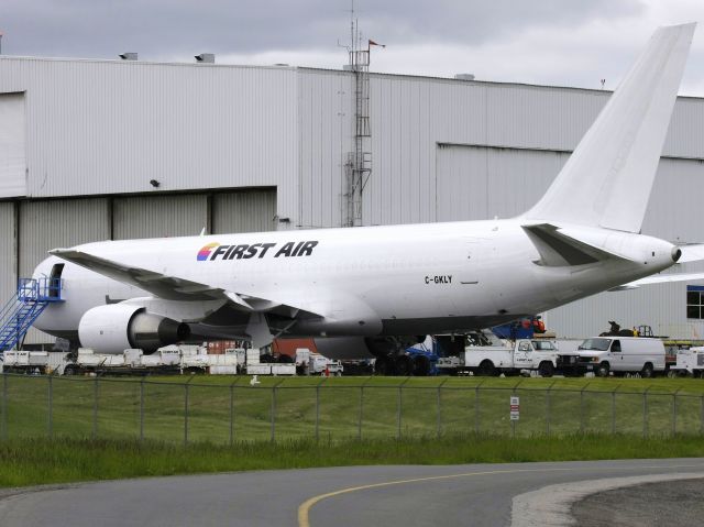 BOEING 767-200 (C-GKLY) - First Air has leased this B762 from ASTG for three years.  Arrived from MIA on June 5th and had a cracked windshield on June 16th at FL350.  Providing cargo of mail and food to Iqaluit.  Ex N314AX for ABX Air and N308AA for American Airlines