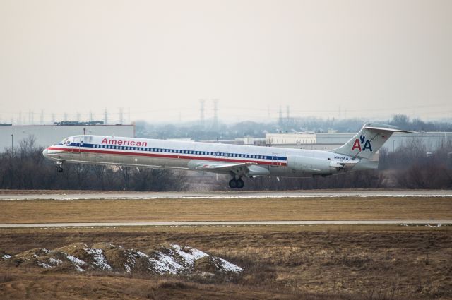 McDonnell Douglas MD-82 (N501AA) - American Airlines MD-82 landing at Chicago Romeoville Airport. This airplane is being donated to Lewis Universities Aviation Program. 