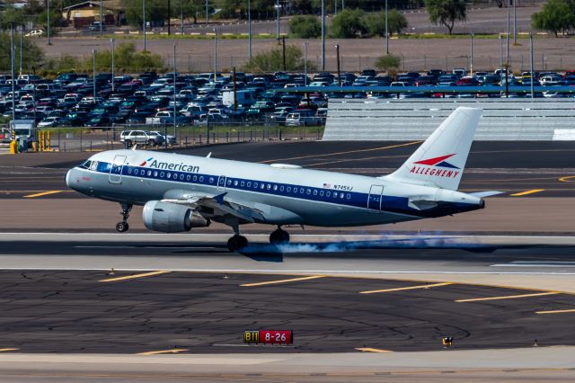 Airbus A319 (N745VJ) - American Airlines A319 in Allegheny Airlines retro livery landing at PHX on 9/18/22. Taken with a Canon 850D and Canon EF 70-200mm f/2.8L IS II USM lens.