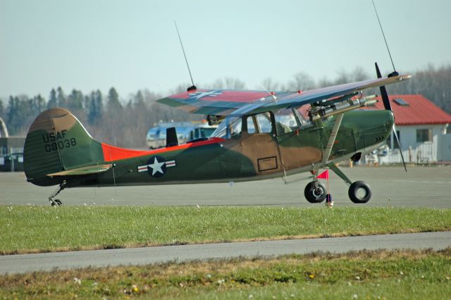 C-GKNK — - 1953 Cessna L-19A (Cessna 305A) Bird Dog (23459) visiting CYPQ  on November 8, 2020. It has been beautifully restored to its original condition with USAF markings and even rockets under the wings.