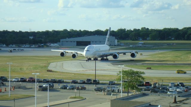 Airbus A380-800 (F-WWDD) - Taxxing to the active at Milwaukee, heading back to Toulouse.