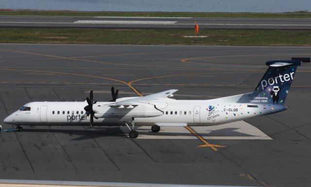 de Havilland Dash 8-400 (C-GLQB) - This Porter Dash 8-Q402 painted in this special livery commemorating Canadas 150th Birthday departs BOS for Toronto City on 10/30/16. 