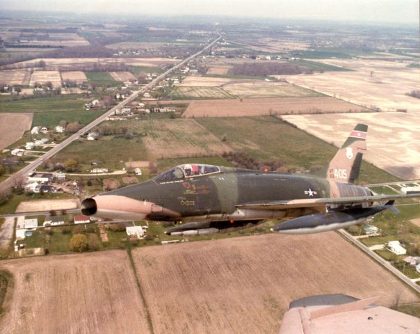 — — - 178th F-100D formation- about 1975-76 over the Ohio flatlands. Jet is carrying 335 gal drop tanks- typical configuration- also had 4x20mm cannon mounted under nose-hard to see in this image.