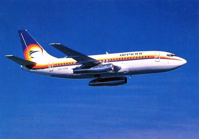 Boeing 737-200 (DQ-FJM) - A rare photo of the good old days of air pacific flying NZAA- NFFN Boeing 737-200 in original decals