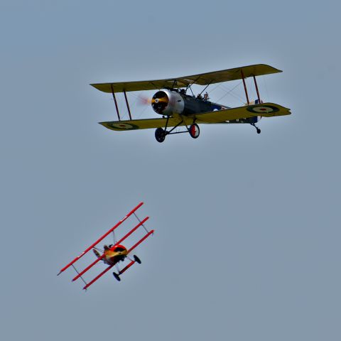 C-FSOP — - FOKKER DR. 1 C-GFJK closes in on Sopwith 1 1/2 Strutter C-FSOP in mock Dog Fight, at 40th Anniversary Hamilton AirShow, June 2012.