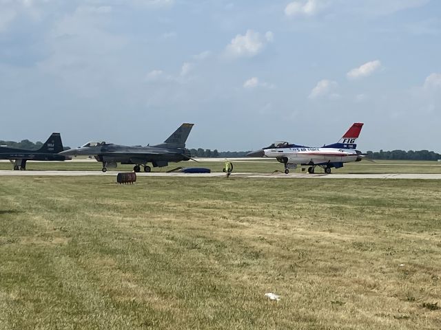 Lockheed F-16 Fighting Falcon — - Date Taken: Saturday, June 22, 2024br /br /From the 2024 Dayton Air Show, starring the U.S. Navy Blue Angels!br /br /The dark gray one on the left didn't get the preform, but the brighter-colored one on the right did.