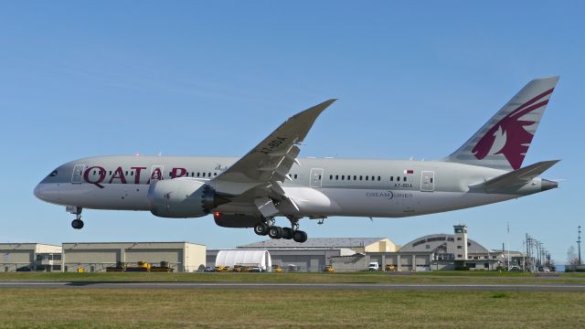 Boeing 787-8 (A7-BDA) - BOE486 on short final to Rwy 34L to complete a C1 flight on 2/23/16. (ln 394 / cn 38345).