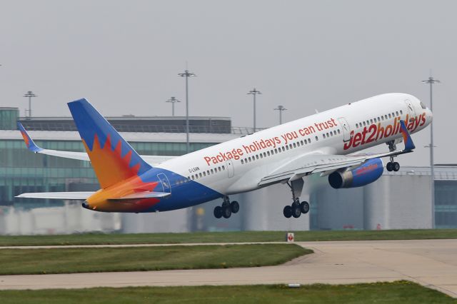 Boeing 757-200 (G-LSAN) - EXS917 off to the sunshine of Tenerife on a murky day in Manchester