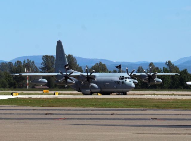 — — - KRDD - Redding, CA - KC-130J of VMGR-352 "Raiders" of USMC Miramar  (San Diego) on taxi after landing at Redding with support troops and supplies on-board for the F/A-18 Hornet West Coast demo team ( flight of 4 ) staging for the Red Bluff Rodeo opening ceremonies. The "Raiders" flag proudly displayed and this lightly marked KC-130J air refueling tanker rolls on the taxiway to the airline terminal to meet up with the 4 F/A-18s that arrived a bit earlier. This was quite the day at sleepy Redding with the B-17G on tour flights and 2 over flights or 3 then 4 F/A-18s and then followed by the KC-130J with MAG-11/3rd MAW. April 21st, 2017.