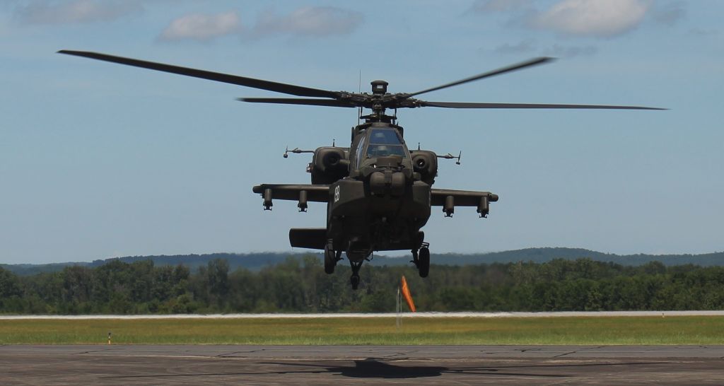 Boeing Longbow Apache (ARMY43019) - A Boeing AH-64E Apache hovering over the ramp at Northeast Alabama Regional Airport, Gadsden, AL - August 13, 2019.