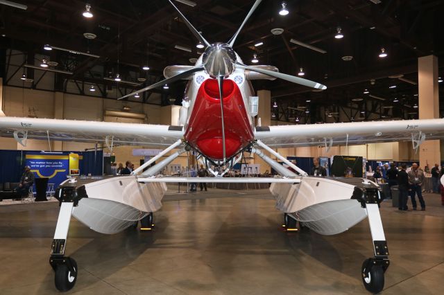 Air Tractor AT-802 (N804AS) - An Air Tractor AT-802F Fire Boss scooper air tanker (N804AS), powered by a Pratt and Whitney PT6A-67F turboprop, is seen here on display at the 2018 National Agriculture Aviation Association (NAAA) Exposition in the Reno Sparks Convention Center. The amphibious floats are made by Wipaire.