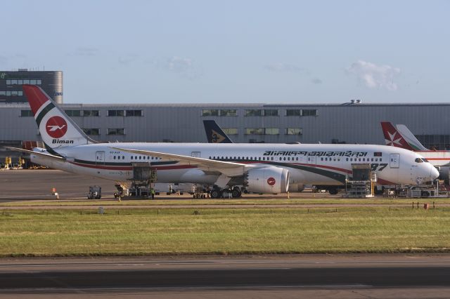 Boeing 787-9 Dreamliner (S2-AJX) - 9th August, 2024: Flight BG 201 from Dhaka, via Sylhet, seen parked at Heathrow Terminal 4. Livery no longer displays portrait of tyrant mujib after his daughter hasina was overthrown on the 5th of August 2024. 