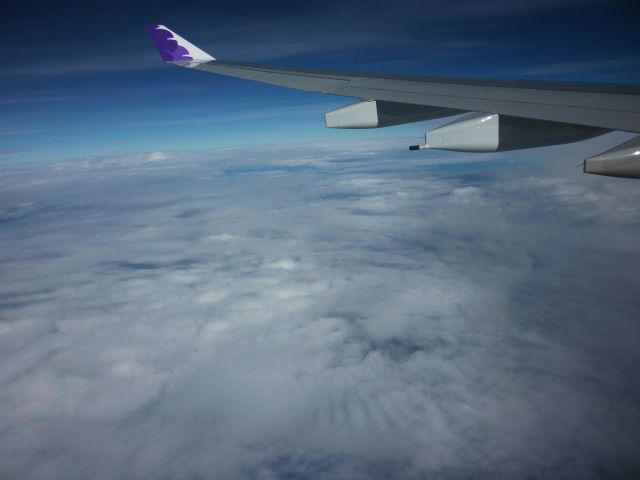 Airbus A330-200 (N385HA) - Last  rays of sunshine on  the wing/winglet as we fly over increasing cloud cover  enroute Hawaii _ Australia.