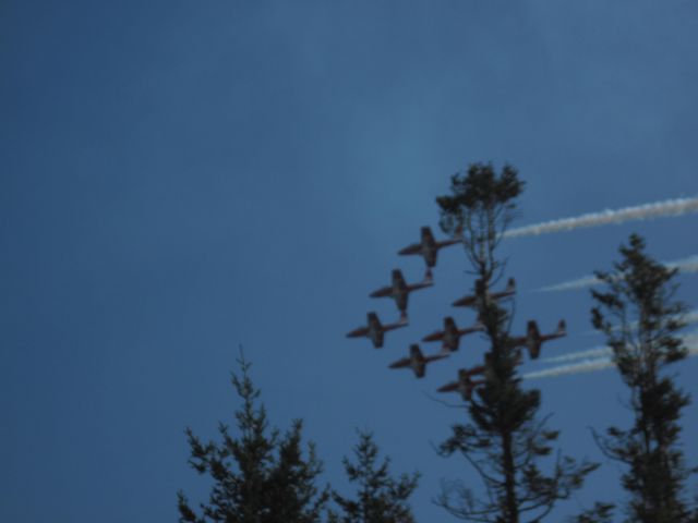 — — - Canadian Snowbirds  fly "Big Diamond" formation  low over the tree tops  CFB Comox, BC