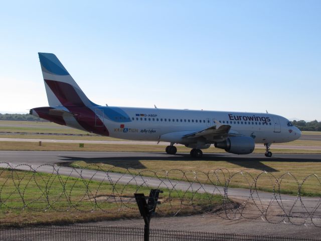 Airbus A320 (D-ABDP) - Taken from Manchester Runway Visitor Park. D-ABDP taxing to 05L for takeoff.