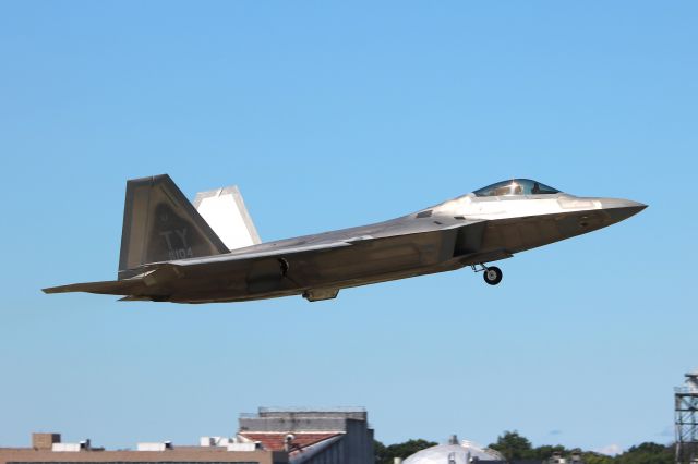 Lockheed F-22 Raptor (05-4104) - A USAF Lockheed Martin F-22A Raptor, 05-4104, cn 645-4104, from the USAF Air Combat Command (ACC) Demo Team from Joint Base Langley-Eustis (JBLE), VA- departing KCLE from RWY 6R for his performance at the Cleveland National Air Show at KBKL, about 12 miles northeast of KCLE, on 3 Sept 2016.