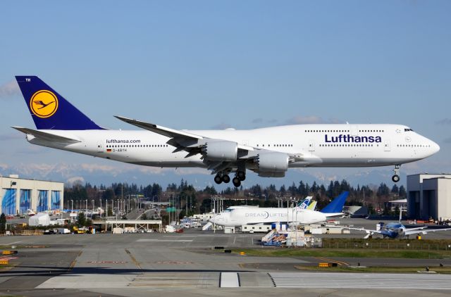 Boeing 747-200 (D-ABYH) - Lufthansa 747-8i D-ABYH returning to Paine Field after first flight March 9, 2013.