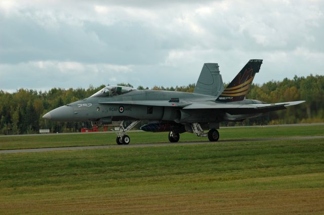 — — - McDonnell Douglas (now |Boeing) CF-188A Hornet (188797) of the 2019 Royal Canadian Air Force CF-18 Demo Team, departing from Peterborough Airport (CYPQ) the day after the Peterborough Airport Airshow (September 23, 2019)