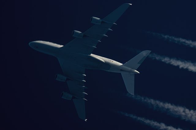 Airbus A380-800 (D-AIMK) - 27-9-2015. Lufthansa A380-800 D-AIMK Passes Overhead West Lancashire,England,UK at 34,000ft working route  DLH441 Frankfurt-Huston.<br><br>Pentax K-5.