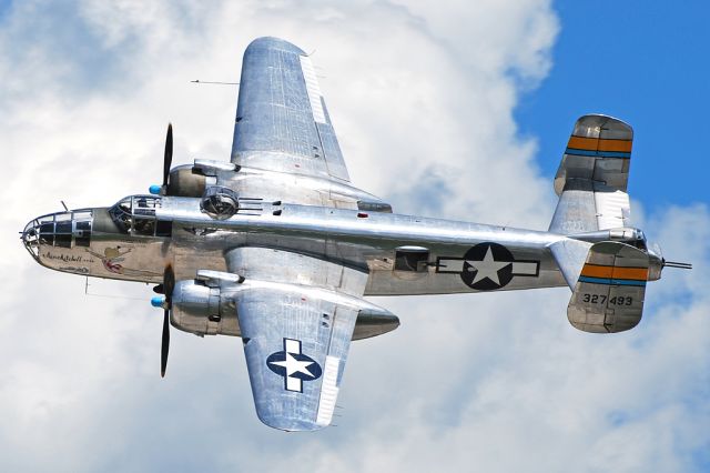 N27493 — - CAF (Commemorative Air Force)  North American B-25J Mitchell (c/n 108-33144). June 27, 2010. Performing a fly-by at the Great Minnesota Air Show.