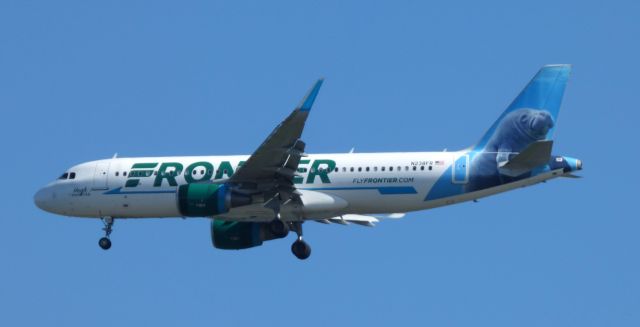Airbus A320 (N238FR) - Hugh the Manatee is seconds from the runway, summer 2018.