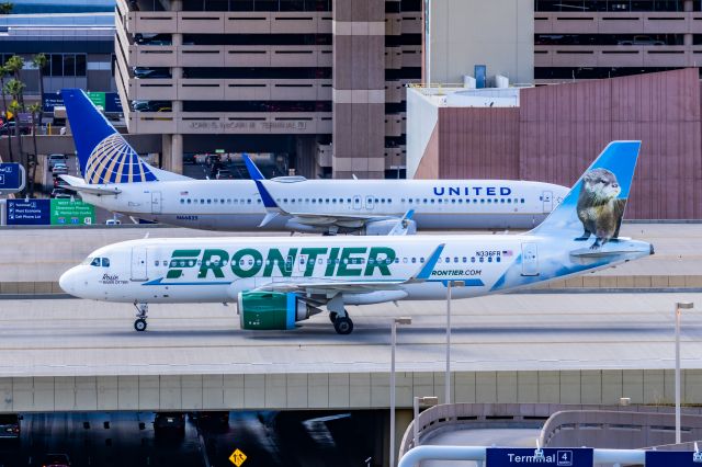 Airbus A320neo (N336FR) - A Frontier Airlines A320 neo "Rosie the River Otter" taxiing at PHX on 2/28/23. Taken with a Canon R7 and Canon EF 100-400 L ii lens.