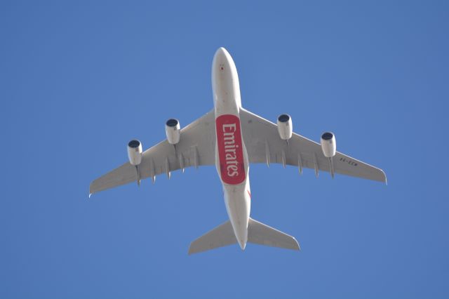 Airbus A380-800 (A6-EEM) - Flight EK406 from Melbourne near One Tree about 4 minutes before final turn into Auckland Airport. The aircraft is flying at just over 3,000 feet which is 2,500 lower than normal. It is also a little further south than the normal flight path.