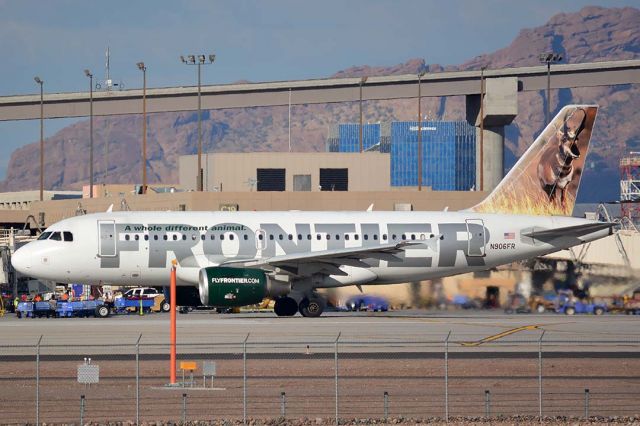 Airbus A319 (N906FR) - Frontier Airbus A319-111 N906FR Andy Pronghorn Antelope at Phoenix Sky Harbor on January 9, 2016. It first flew as D-AVWK on February 11, 2002. Its construction number is 1684. It was delivered to Frontier on February 27, 2002. 