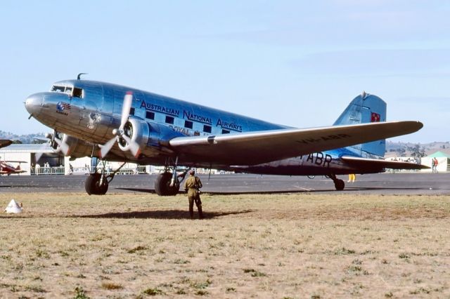 Douglas DC-3 (VH-ABR) - ONE OF THE CLASSICS AT THE SHOW IN MANGALORE VIC. DEPICTING AUSTRALIAN NATIONAL AIRWAYS - DOUGLAS DC-3-G202A - REG : VH-ABR (CN 2029) - MANGALORE VIC. AUSTRALIA - YMNG (19/4/1992)35MM SLIDE SCANNED WITH A EPSON PERFECTION V700 FLATBED SCANNER.