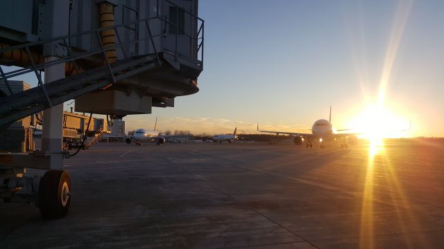 Airbus A320 — - Allegiant (middle) waiting for a Spirit (right) and Allegiant (left) flight to taxi from gates 3 & 4 at KIAG.