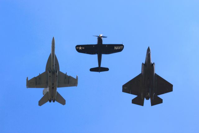 VOUGHT-SIKORSKY V-166 Corsair (N713JT) - Oshkosh Navy Heritage Flight for Sunday Show - VFA-125 Rough Raider F-35 and Whidbey Is NAS Growler EF-18 accompany the Corsair. 