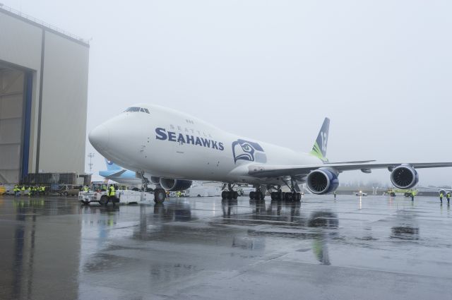 BOEING 747-8 (N770BA) - Boeing's Seattle Seahawks Special Livery on a B747-8 released in celebration of the Seahawk National Football Conference Championship and upcoming appearance in Super Bowl XLVIII. (Photo courtesy Boeing Commercial Airplanes)