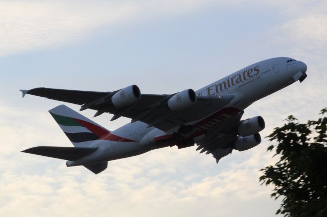 Airbus A380-800 (A6-EEI) - An Emirates A380-800 taking off from LHR, on runway 09R.br /br /Location: Great South West Road.br /Date: 02.06.22 (dd/mm/yy)