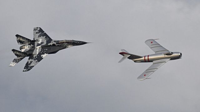 MIKOYAN MiG-17 (N217SH) - Demo flight during the Saturday night Airshow at AirVenture 2023.