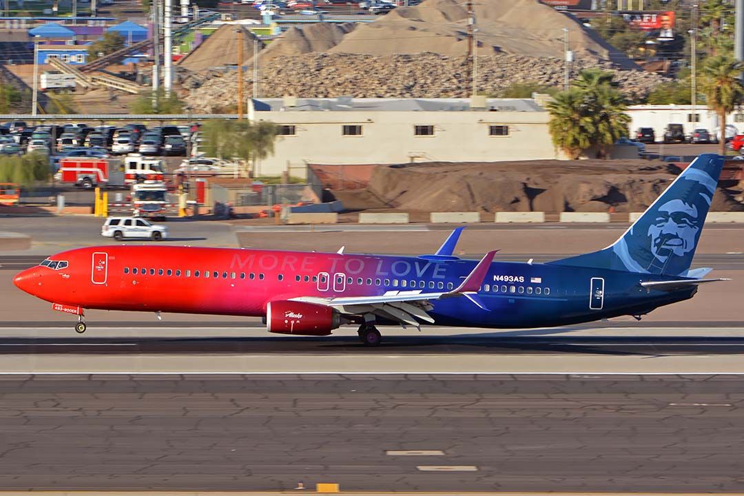 Boeing 737-900 (N493AS) - Alaska Boeing 737-900(W) N493AS More to Love arriving at Phoenix Sky Harbor from Seattle on October 28. 2019. It first flew on January 10, 2016. Its construction number is 41727. It was delivered to Alaska on January 29, 2016. It was painted in More to Love livery at Victorville in November 2016.