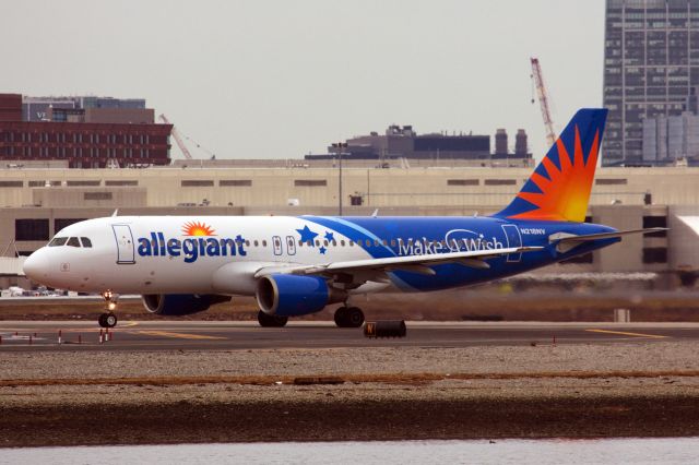 Airbus A320 (N218NV) - Allegiant A320 in special 'Make A Wish' livery departing BOS on 2/28/21. 