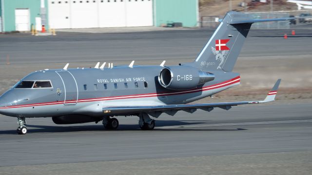 Canadair Challenger (C168) - C-168 of the Royal Danish Air Force.  It is a Bombardier/Canadair Challenger 604, CL-600-2B16.  Leaving Iqaluit on August 15, 2019