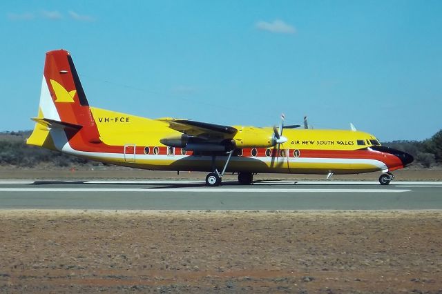 VH-FCE — - AIR NEW SOUTH WALES - FOKKER F-27-500 FRIENDSHIP - VH-FCE (CN 10558) - BROKEN HILL NSW. AUSTRALIA - YBHI (24/4/1993) TAKEN IN 1993 WHILST ON A SPOTTING TRIP AROUND NSW. AND QUEENSLAND. 35M SLIDE CONVERSION USING A LIGHTBOX AND A NIKON L810 DIGITAL CAMERA IN THE MACRO MODE.