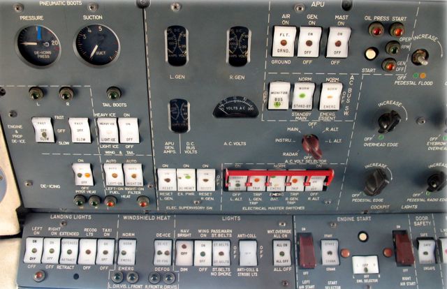 Grumman Gulfstream 1 (ZS-PHI) - Electrics overhead panel of the G1.