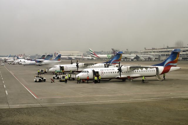 Aerospatiale ATR-72-500 (S2-AHQ) - 5th Dec., 2021: Morning line up on a drizzly and overcast winter morning in a crowded tarmac at Dhaka's Zia International Airport. 