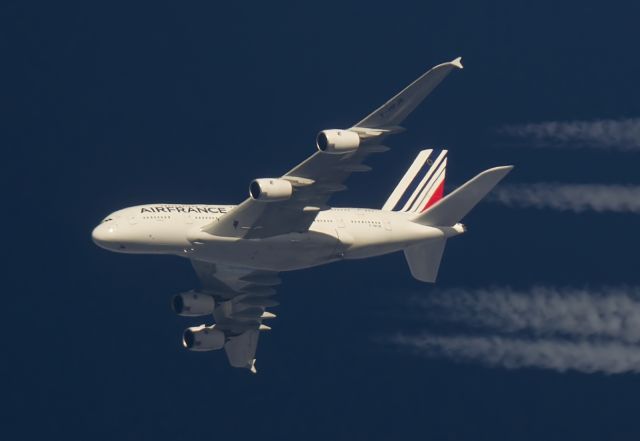 Airbus A380-800 (F-HPJB) - Air France Airbus A380-800. Photographed 14-11-2014 Crossing Overhead West Lancashire, UK @ 38,000ft Heading out across the Irish Sea working route AFR54 Paris CDG-Washington.br / br /This is one impressive aircraft transporting over 500 people effortlessly over many thousands of miles on a daily basis. Some passengers, especially those in First Class,experience nothing short of sheer luxury.br / br /The dining experience with Air France aboard this aircraft is reported to be particularly good, with gourmet cuisine and some very fine wines being the order of the day for all of her passengers, economy class included !br / br /It is a beautiful aircraft .br /br /Nikon D7000.