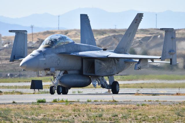 — — - This F/A18 Hornet flew in from NAS Lemoore and was on static display at the Hollister Airshow on Father,s Day weekend.