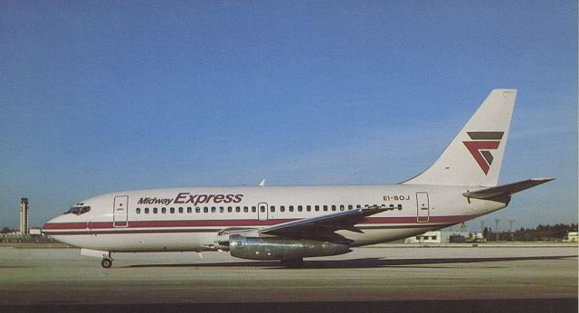 Boeing 737-200 (EI-BOJ) - scanned from postcardbr /midway express
