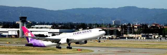 N594HA — - Departure, HA#43, Rwy 30R, KSJC-PHNL, 05/19/2010.  This is a shot I got AFTER, the previously posted .. A Suggested Panoramic view, by Flight Aware Personnel .. KSJC FAA Tower directly behind tail