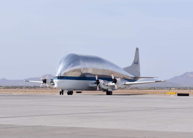 Aero Spacelines Super Guppy (N941NA) - The Super Guppy approaching the Phoenix-Mesa Gateway Airport Terminal in Mesa, Arizona On April 30, 2018