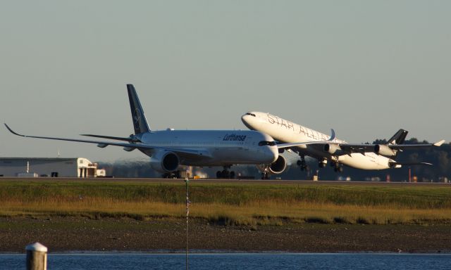 Airbus A350-900 (D-AIXC) - Lufthansa love at BOS: An br /A350-900(D-AIXC) arrives from Munich, while A343-300 (D-AIGW) in back departs for FRA on 9/20/21. 