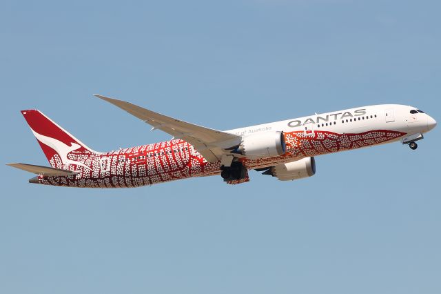 Boeing 787-9 Dreamliner (VH-ZND) - VH-ZND Qantas specially liveried Yam Dreaming Boeing 787-9 taking off from Heathrows runway 09R at 13:48 on Monday 02/07/18 for the 16 1/2 hour jaunt to Perth Western Australia