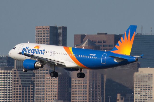 Airbus A320 (N294NV) - Allegiant Air A320 about to touchdown on Boston Logan's runway 22L on 9/6/20. The airline started new service from BOS on 9/3/20. 