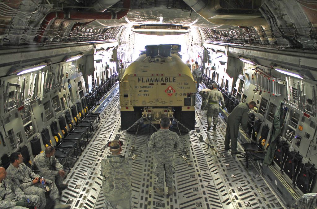 Boeing Globemaster III (97-0048) - A view of the spacious cargo bay, as seen from the aircrew rest area on the flight-deck, of a USAF C-17 Globemaster III from the 445th Airlift Wing, Wright-Patterson AFB, OH.