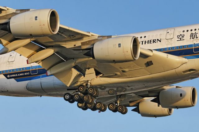 B-6137 — - Mid section of a China Southern Airlines operated Airbus A380-841 super jumbo seconds from touch down at the Los Angeles International Airport, LAX, in Westchester, Los Angeles, California